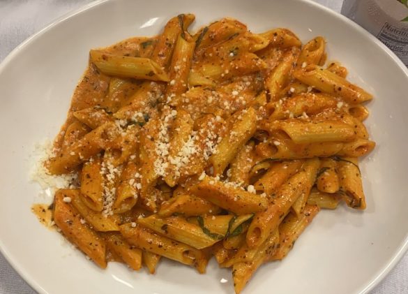penne a la vodka- pasta in creamy tomato sauce with basil and paremsan cheese at Bay Cafe
