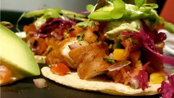 fish tacos with salsa and avocado and microgreens at Pier 26 Queens